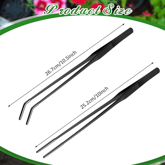 Lasnten 2 Pcs Extra Long Stainless Steel Reptile Feeding Tongs with Rubber Tip 10 Inch, 10.5 Inch Bearded Dragon Aquarium Straight and Curved Long Tweezer Terrarium Feeder Tool for Tank(Black)