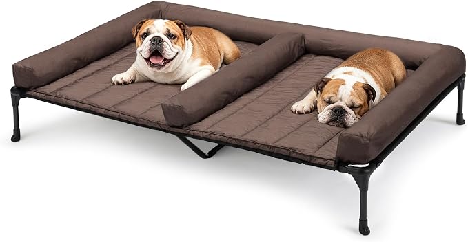 Veehoo Elevated Dog Bed for 2 Dogs, Cooling Raised Dog Bed with Bolster Mat | Outdoor Double Dog Bed with Removable Waterproof Cushion, Breathable Mesh, Non-Slip Feet for Outdoor & Indoor, 53", Brown