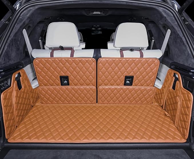 Compatible with BMW X7 2+2+2 Seater Trunk Mat Cargo Cover Dog Liner Boot Liner Full Coverage XPE Leather 3D Laser Measured (Trunk Mat+3rd Row Backrest Mat+Both Sides Panel) (Brown