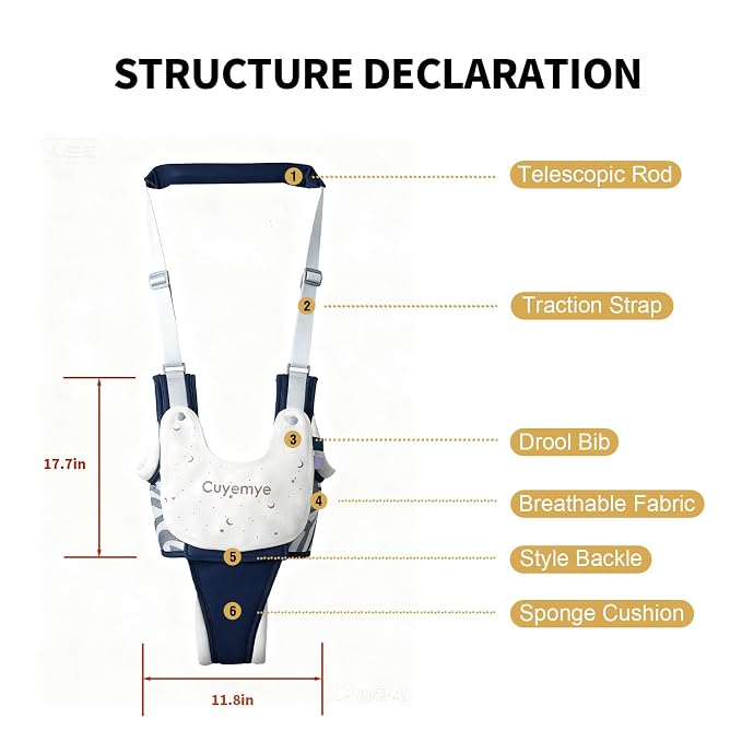 Baby Walking Harness - Handheld Toddler Walker Helper with Detachable Crotch, Adjustable Traction Strap, Breathable Fabric, Infant Walking Assistant Belt with for 9-24 Months (Blue)