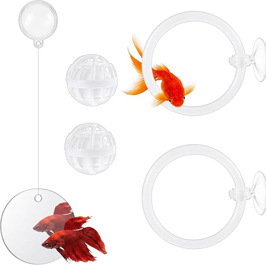 Betta Fish Tank Accessories Beta Enrichment Toys 2 Fish Exercise Training Rings with Suction Cups 2 Nitrifying Balls and 1 Floating Mirror with Ball for Aquarium Tank