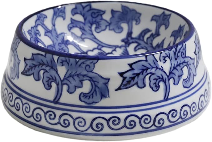 Aimusego Hand-Painted Ceramic Dog Bowl, Pet Bowl, Pretty Blue & White Pet Food Dish, Chinoiserie Floral Water Bowl for Dogs and Cats 11OZ