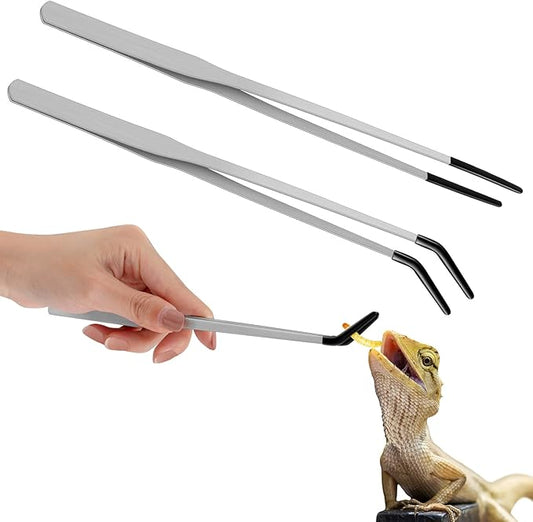 Lasnten 2 Pcs Extra Long Stainless Steel Reptile Feeding Tongs with Rubber Tip 10 Inch, 10.5 Inch Bearded Dragon Aquarium Straight and Curved Long Tweezer Terrarium Feeder Tool for Tank(Silver)