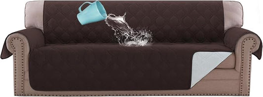 H.VERSAILTEX 100% Waterproof Couch Cover 4 Seater Sofa Slipcover Furniture Protector for Pets Kids Children Dog Cat with Non-Skid Backing (Oversized Sofa, Brown)