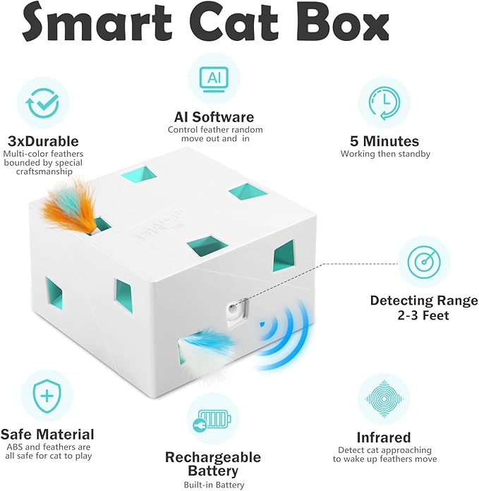 Migipaws Automatic MigiBox Plus Cat Toys 3 in1 Interactive Pounce Mystery Under PopSkin 12 Holes Cardboard Kitten Toys for Indoor Rechargable 8 Accessories(White)