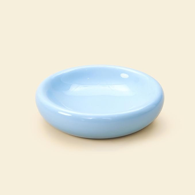 Pebble Pet Bowl Flat Blue, Ergonomic Dog Cat Feeding Bowl, Flat-Faced Breed, Tilted Ceramic Pet Food Dish, Scooper Eater, Anti-Spill Design, Dishwasher Safe, Modern Pet Bowl, Dry & Wet Diet