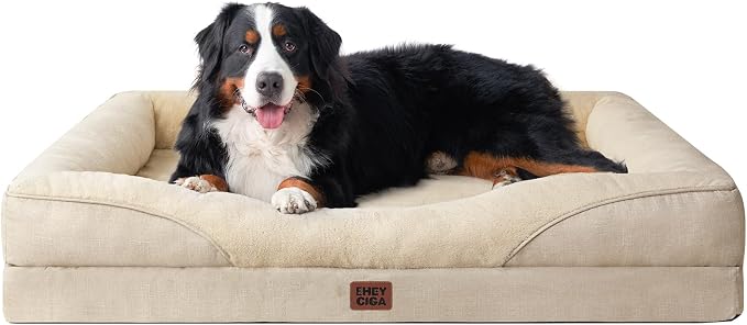 EHEYCIGA Orthopedic XXL Dog Bed for Large Sized Dog, 52x41 Inch Extra Large Memory Foam Dog Couch Bed with Sides, Waterproof Liner & Washable Removable Cover, Bolster Pet Sofa, Beige