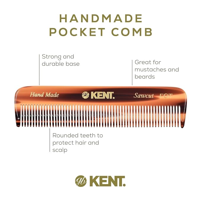 Kent Mens Beard Kit, 81T Extra Small Beard Mustache Comb, Fot All Fine Tooth Pocket Comb and PF22 Oval Palm Hair Brush. Beard and Mustache Grooming Kit for Travel and Home Beard Care. Made in England