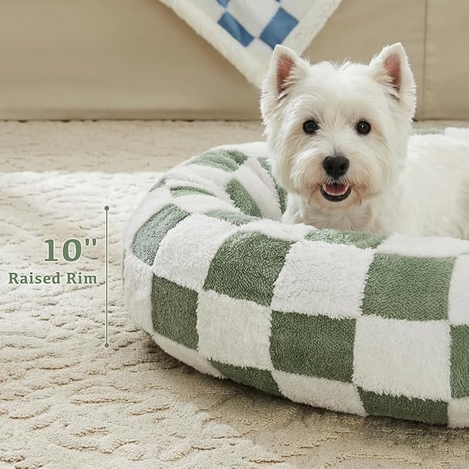 Ohocut Checkered Dog Bed, Cute Sage Green Retro Style Aesthetic Round Warming Pet Calming Beds for Small Dog and Cats, Plush Cozy Donut Washable, 30" L x 30" W x 8" Th