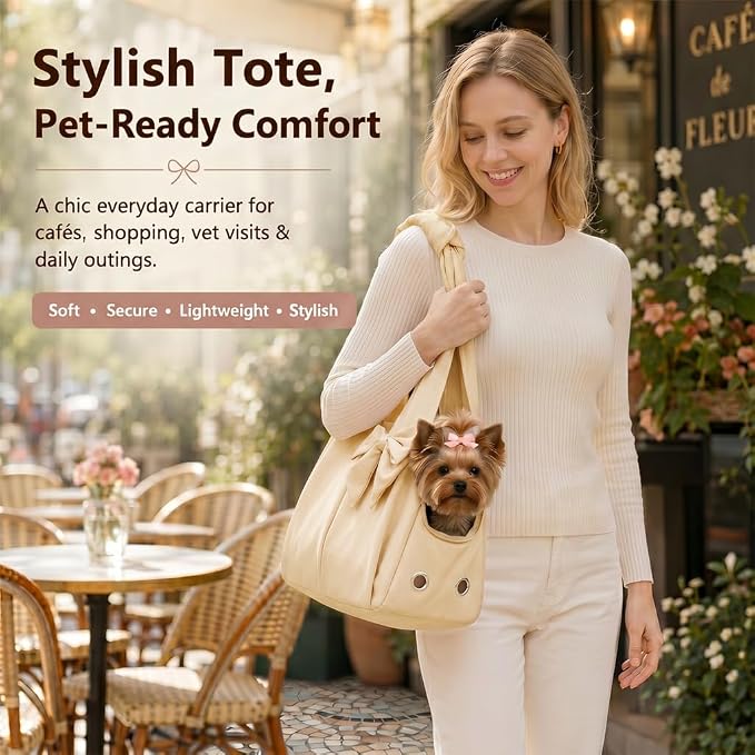 Fashion Dog Purse Carrier for Small Dogs and Cats, Soft-Sided Puppy Tote Bag Under 15 lbs, Lightweight Pet Carrier with 4 Pockets, Smart Zipper Lock, Pet Travel Bag for Travel Outdoor(Beige)