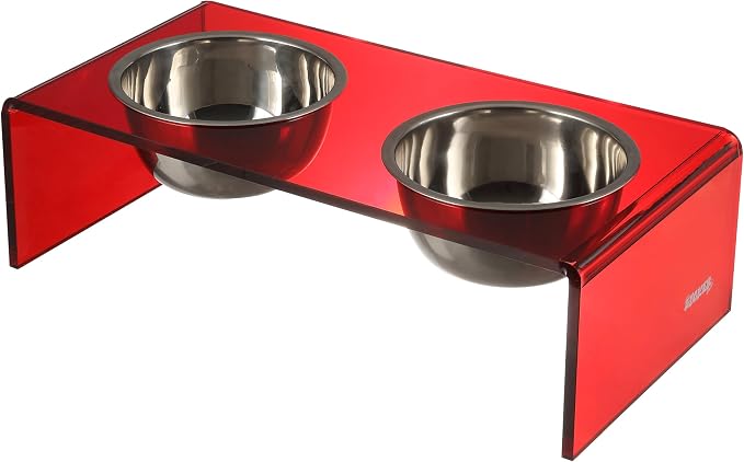 DBL2000H Keaton 5" Small/Medium Modern Acrylic Rectangular Elevated Pet Feeder with 20oz 2-Stainless Steel Bowls, Red/Chrome