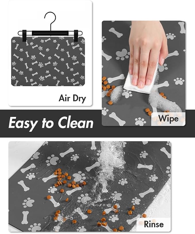 MontVoo Dog Food Mat-Pet Feeding Mat for Food and Water-No Stains Quick Dry Dispenser Cat Bowl Mat for Messy Drinkers(12"x19" Dark Grey)
