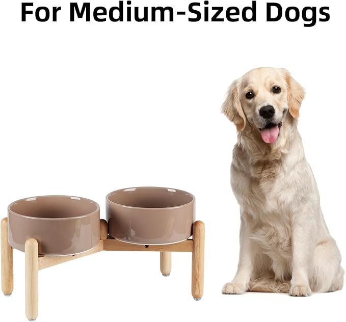 Havniva Elevated Dog Bowls Ceramic Dog Bowls with Stand, Dog Food Bowl | 7.3” Raised Dog Bowls with Non-Slip Wood Stand, Dog Food and Water Bowl Set, Double Dog Feeding Bowls for Medium Dogs