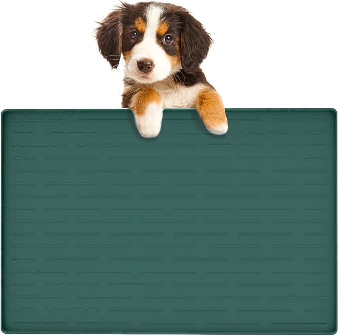 24"x16" Large Dog Food Mat, Silicone Dog and Cat Mats for Food and Water Bowls, Waterproof Raised Edge Pet Feeding Mat for Contain Spills Protects Floors, Multiple Colors & Sizes for Pets, Dark Green