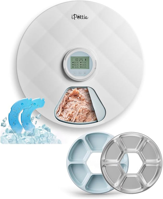Distributeur automatique de nourriture humide iPettie Brioche pour animaux avec deux blocs de glace, parfait pour les chats nouveau-nés, âgés et malades et les petits chiens, plateau en acier inoxydable et plastique