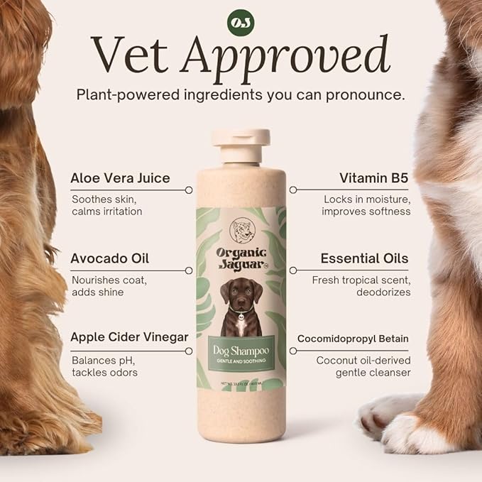 Organic Jaguar Natural Dog Shampoo – Hypoallergenic, Moisturizing, & Soothing for Sensitive Skin – All-Natural, Chemical-Free, Vegan, Cruelty-Free – Safe for Puppies & Dogs of All Breeds
