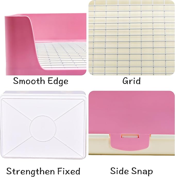 VCEPJH Extra Large Bunny Litter Box for Cage, Plastic Rabbit Litter Pan with Metal Grate Small Animal Toilet Corner Pet Potty Tray for Adult Guinea Pigs Ferrets Chinchillas (Pink)