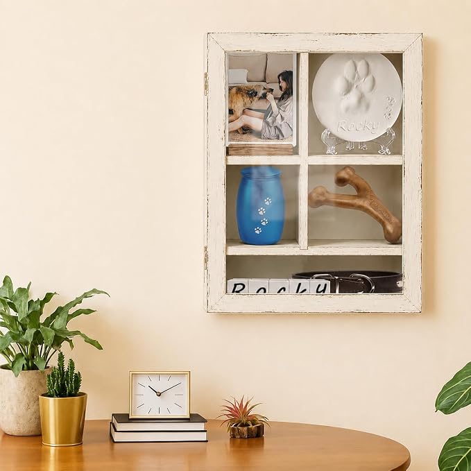 12x16 Inch Solid Wood Pet Memorial Shadow Box Frame with Shelves | Large Deep Display Case Memory Box for Dog & Cat Paw Print Urn Keepsake , Pet Remembrance Sympathy Gift - Distressed White