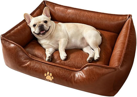 SOMAHE Waterproof Leather Dog Bed, Bolster Couch, 24x19x9 Brown | Wipe-Clean Waterproof Leather + Removable Cushion: raised bolsters create a cozy bed for small-medium dogs.