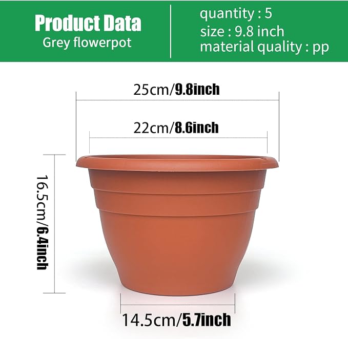 RooTrimmer 5 Pack 10 Inch Plant Pots Lightweight Planters with Drainage Holes,Durable Indoor & Outdoor Flower Pots for Garden,Patio & Home Decor(Pottery Red)