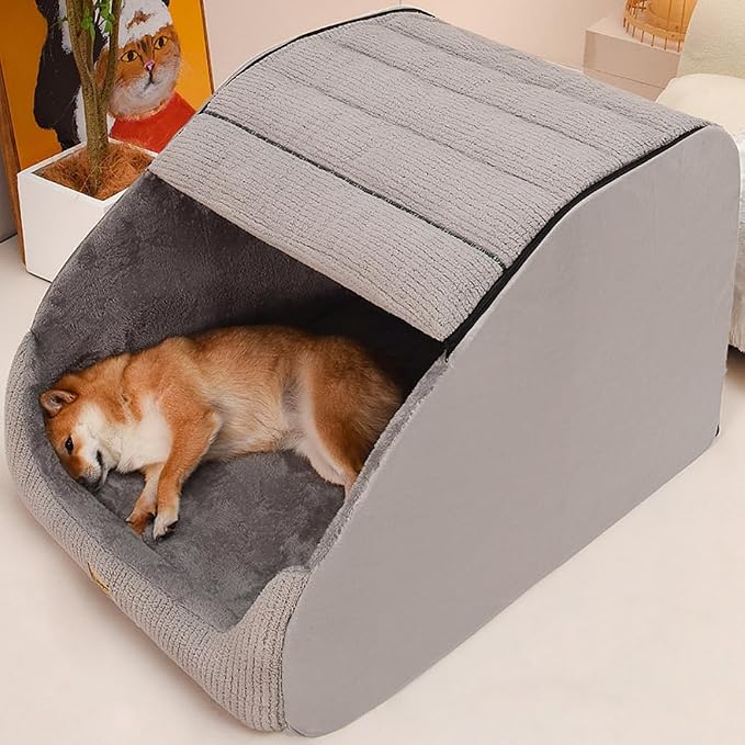 Large Dog House Indoor, Soft Plush Dog Cave Bed Covered Dogs Bed with Fluffy Washable Cushion, Portable Dog/Cat Pet Tent House for Small Medium Dogs (Grey, Large)