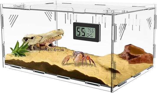 Acrylic Reptile Breeding Box Terrarium Cage Tank, 15.7"x9.9"x7.1", with Temperature Hygrometer, for Small Reptiles, Snakes, Insects, Home Office