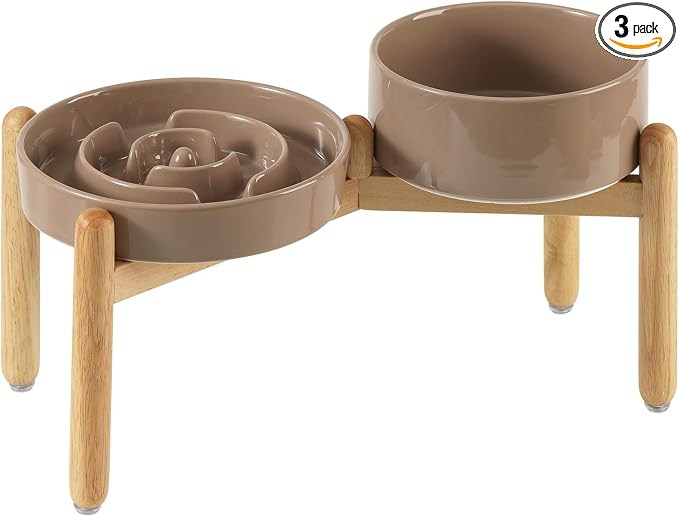 Havniva Elevated Slow Feeder Dog Bowls, Ceramic Dog Bowl Slow Feeder Set | 1.6 Cups Raised Slow Feeder Dog Bowl for Medium Breed, 7.3” Dog Water Bowl with Wooden Stand, Puzzle Dog Food Bowl, Non-slip