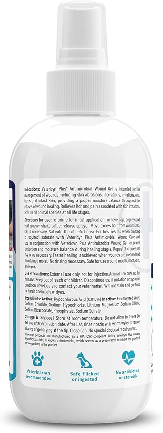 Vetericyn Plus Dog Wound Care Hydrogel Spray | Healing Aid and Wound Protectant, Sprayable Gel to Relieve Dog Itchy Skin, Safe for All Animals. 8 Ounces