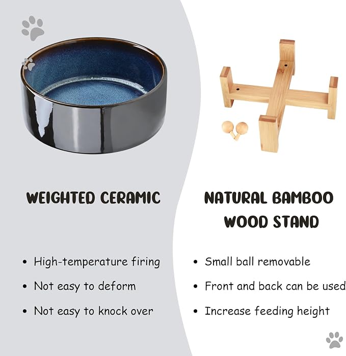 SPUNKYJUNKY 15° Slanted Ceramic Dog and Cat Bowl with Wooden Stand, Tilted Bulldog Food and Water Bowl No Slip Non-Spill for Cats Medium Dogs Big Face Pets 28.7 OZ (3.6 Cups, Starry Blue)