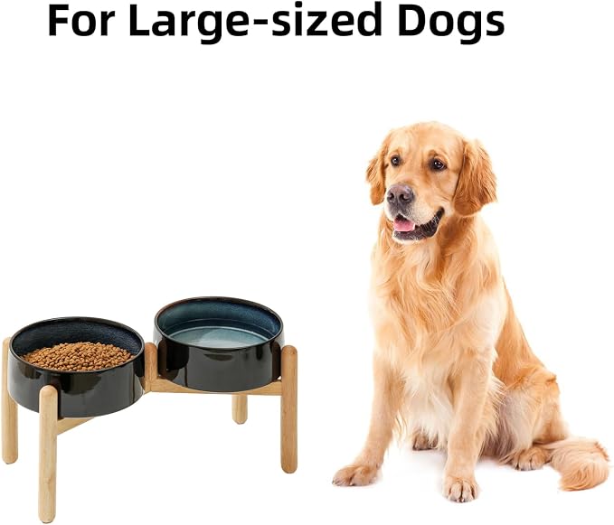 Havniva Elevated Dog Bowls Ceramic Dog Bowls with Stand, Dog Food Bowl | 8.3” Raised Dog Bowls with Non-Slip Wood Stand, Dog Food and Water Bowl Set, Double Dog Feeding Bowls for Large Dogs