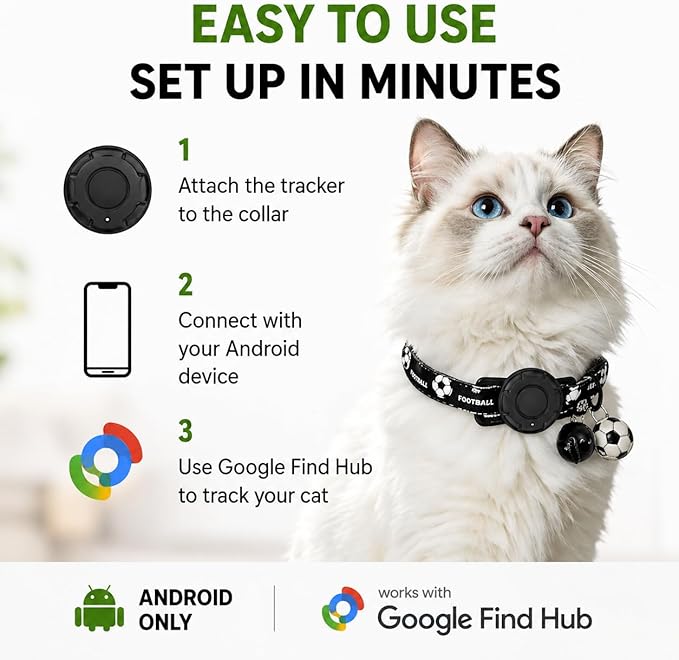 GPS Collar for Cats,Pet Tracker (Android Only) Smart tag,Waterproof Compatible with Google Find My,No Monthly Fee,Advanced Tracking Solution Smart Collar for Pet Safety Ideal Small Large Cats