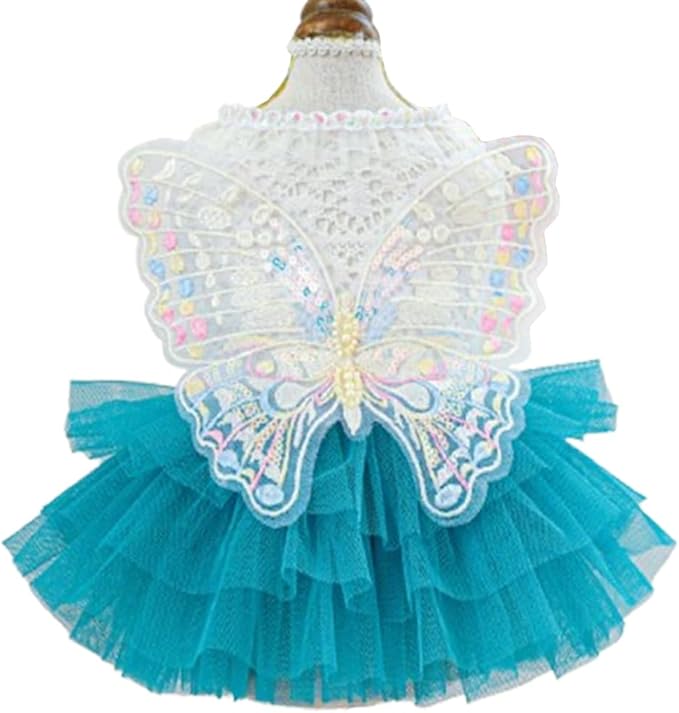 ANIAC Butterfly Dog Dress with Blue Tutu Funny Pet Clothes with Wing Girl Puppy Dress for Small Dogs Pet Butterfly Costume Holiday Cat Outfit for Halloween Birthday Wedding (Lake Blue, Small)
