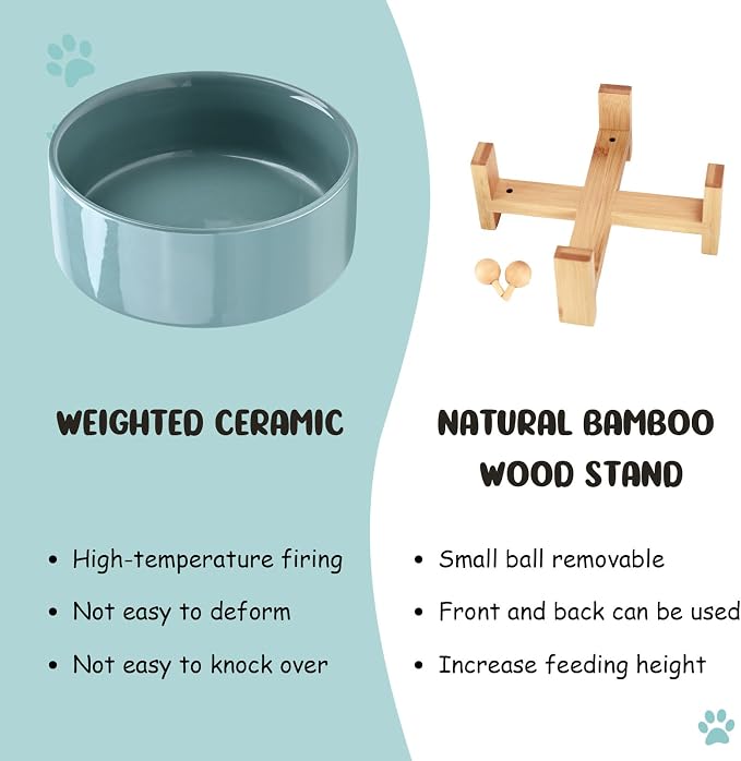 SPUNKYJUNKY 15° Slanted Ceramic Dog and Cat Bowl with Wooden Stand, Tilted Bulldog Food and Water Bowl No Slip Non-Spill for Cats Medium Dogs Big Face Pets 28.7 OZ (3.6 Cups, Light Green)