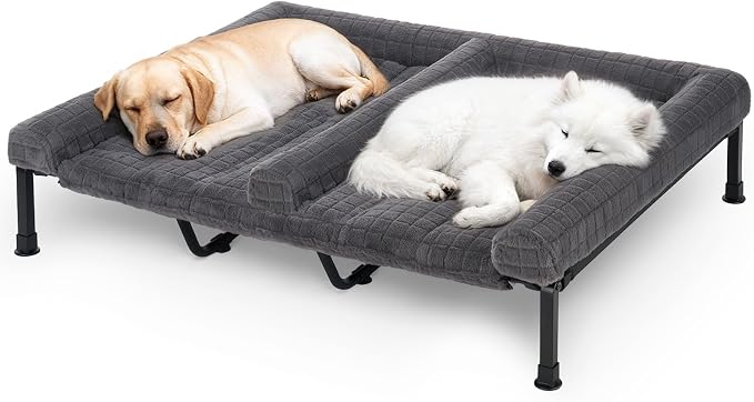 Veehoo Plush Double Dog Couch Bed for 2 Dogs, Washable Elevated Dog Bed | Cooling Raised Pet Cot with Removable Bolster Cushion, Breathable Mesh, No-Slip Feet, 59 x 37 inches, Grey