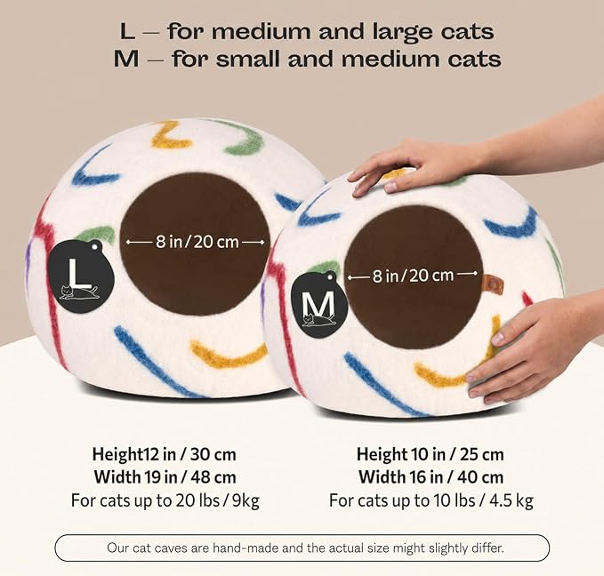 Cat Cave – Premium Felt Cat Bed Enclosure for Indoor Cats, Handmade Merino Wool (Ivory Rainbow, Medium)