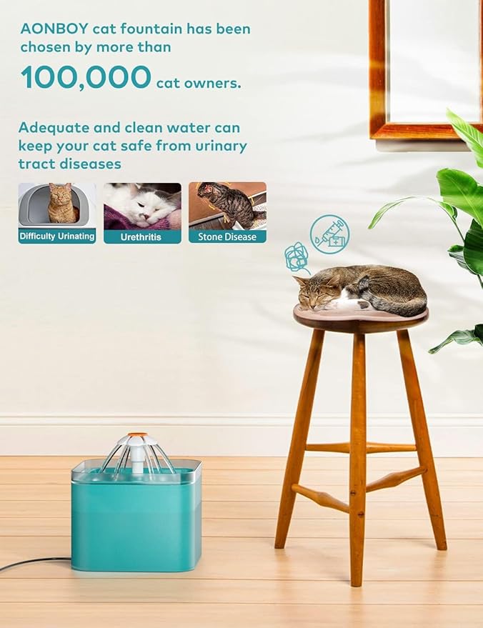 Fontaine à eau pour chat d'intérieur : fontaine à eau pour chat de 2 L (67 oz) - Fontaine d'eau silencieuse pour animaux de compagnie - Fontaines à eau cyan faciles à nettoyer - Pour chats et petits animaux - Comprend 4 filtres + 2 éponges