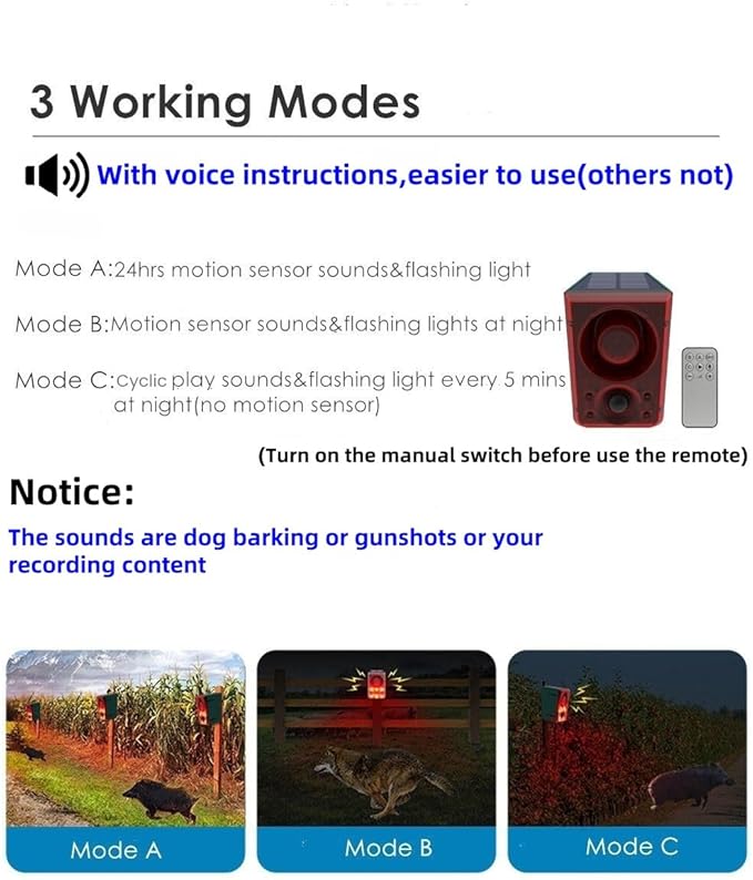 HULPPRE 2pack Solar Outdoor Motion Sensor Alarm-Dog Barking or Gunshot Sound,Support Recording&±Volume,130db Loud Noise Maker,3 Work Modes Strobe Light with USB,Say Goodbye to The Intruders