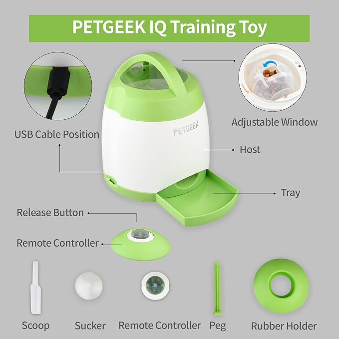 PETGEEK Dog Food Dispenser Toy, Interactive Pet Toys Treat Dispensing for IQ Training, Automatic Dog Treat Dispenser with Button Remote Push, Dual Power Supply for Indoor Outdoor Use, Green Color | Automatic Food Dispenser, Dual Power Supply, Remote Bu...
