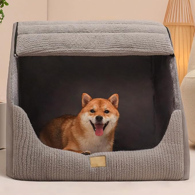 Large Dog House Indoor, Soft Plush Dog Cave Bed Covered Dogs Bed with Fluffy Washable Cushion, Portable Dog/Cat Pet Tent House for Small Medium Dogs (Grey, Large)