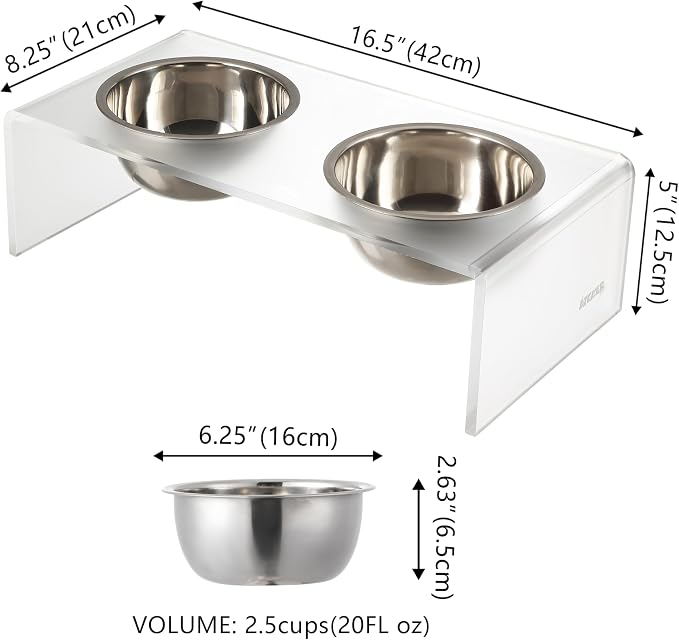 DBL2000K Keaton 5" Small/Medium Modern Acrylic Rectangular Elevated Pet Feeder with 20oz 2-Stainless Steel Bowls, Moon White/Chrome