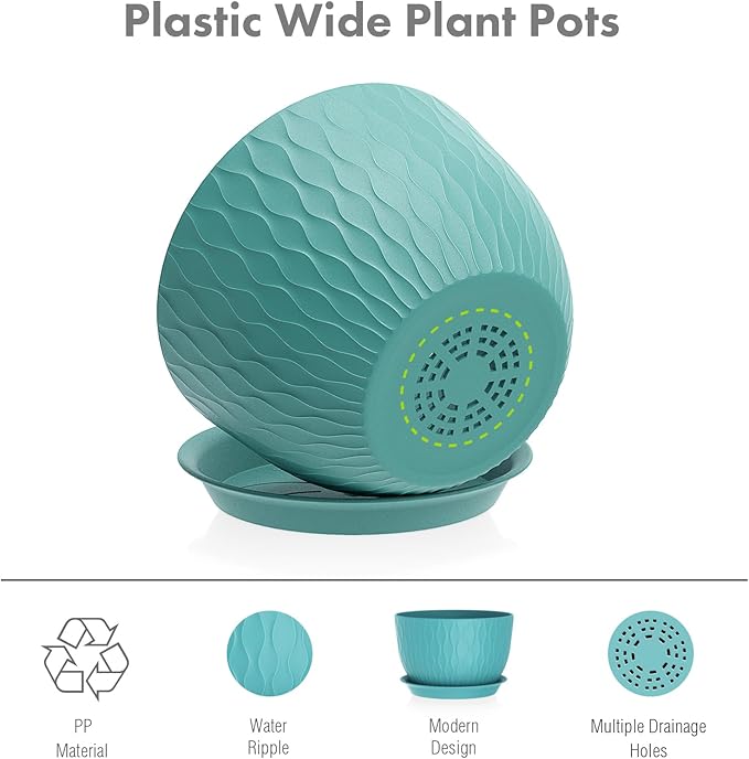 Meowell Large Plant Pots 12/10/9 inch, 3 Pack Big Flower Pots for Outdoor Indoor Plants with Water Ripples, Wide Plastic Planters with Drainage Holes and Saucers for Garden Home Decor, Blue Green