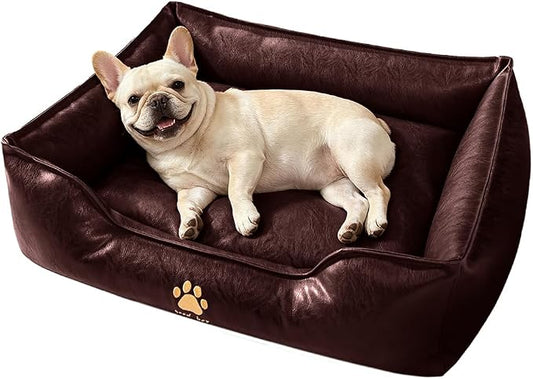 SOMAHE Waterproof Leather Dog Bed, Bolster Couch, 24x19x9 Caramel | Wipe-Clean Waterproof Leather + Removable Cushion: raised bolsters create a cozy bed for small-medium dogs.