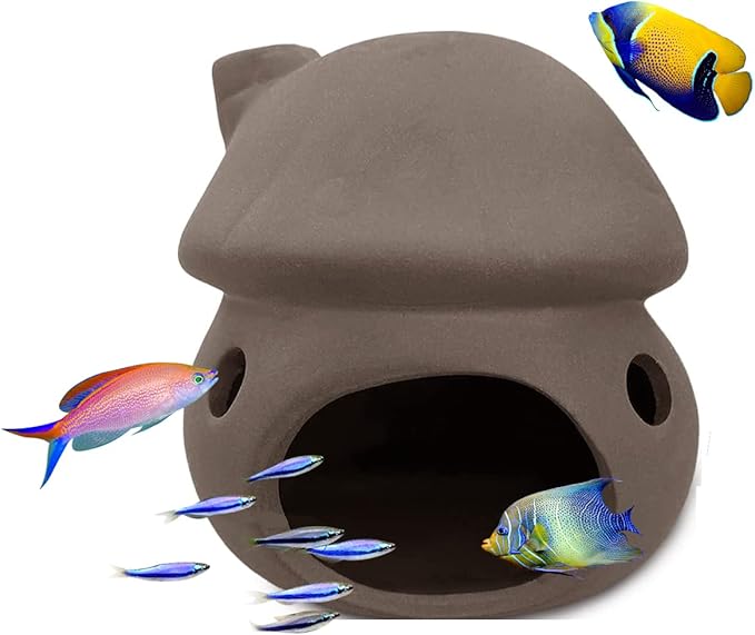 Saim Aquarium Mushroom House Decorations, Ceramic Fish Tank Cave Hideaway Small Fish Shrimp Breeding Cave Fish Tank Landscape Decor for Territorial Fish Shrimp to Rest and Breed, Hiding - Brown