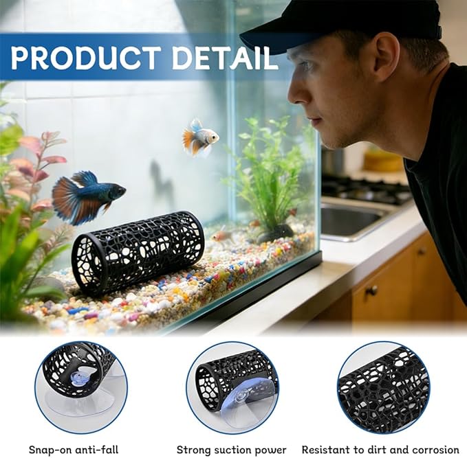 Betta Fish Toy, Betta Fish Tunnel Hammock, Safe Aquarium Decor for Smallfish Shrimp, Bettas Tank Accessories with Suction Cup & Simulated Lotus Leaves Perfect for Hideout/Play Area