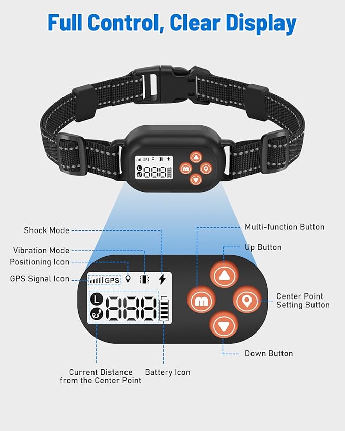 Wireless Dog Fence, GPS Dog Collar Fence System, Electric Containment, IP67 Waterproof, Radius from 25-999 Yards, Beep/Vibration/Shock Correction, for Dogs 18 lbs & Up