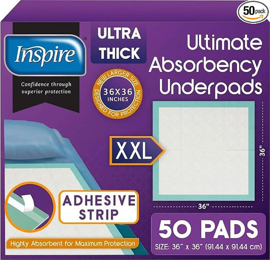 Inspire Extra Large Super Absorbent Disposable Bed Pads for Chronic Incontinence Ultra Thick and Absorbent Bed Pads Disposable Adult | Pee Pads for Adults (36" X 36" Pack of 50 W/ Adhesive)