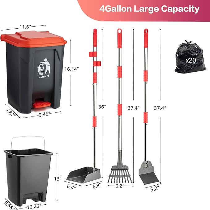 FUSBUNTY Dog Pooper Scooper Set,Dog Poop Tray and Rake Set for Large & Small Dogs Dog Pet Waste Tool 15 Litre Step Dog Poop Trash Can Outside W/Removable Inner Bucket with 20 Waste Bags