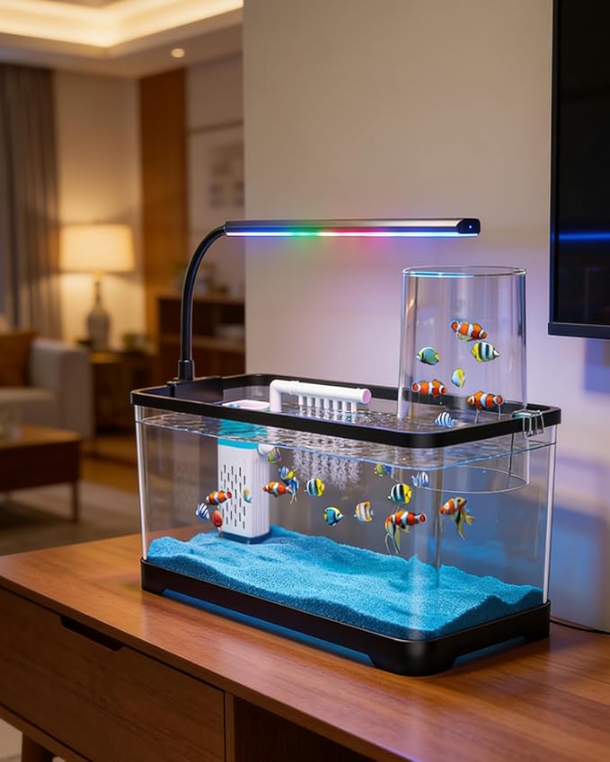 Negative Pressure Aquarium Fish Tank Kit, 3 Gallon Betta Fish Tank Starter Kit with Light and Filter, Blue Sand, Small Tropical Fish, Guppies, Goldfish, or Betta