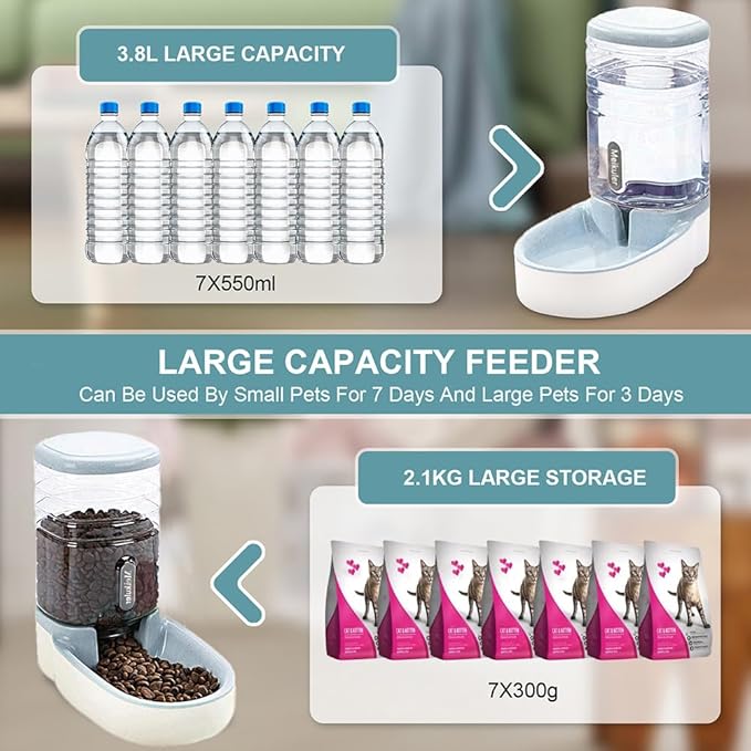 Distributeur automatique de nourriture et d'eau Meikuler pour chiens et chats, ensemble distributeur d'eau et de nourriture par gravité pour chiens et chats de petite et moyenne taille, chiots, grande capacité 3,8 litres x 2 (Gris)