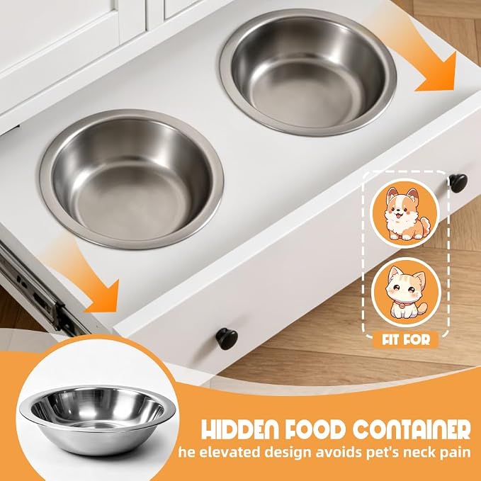 Dog Feeding Station Cabinet with Storage, Metal Pet Feeding Station with Storage, Tilt-Out Dog Food Storage Cabinet with 2 Stainless Steel Bowls, Hidden Feeding Station for Dogs & Cats, White